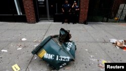 A view of a mangled dumpster at the site of an explosion that occurred on September 17 in the Chelsea neighborhood of New York.