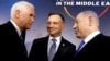 U.S. Vice President Mike Pence, Polish President Andrzej Duda and Israeli Prime Minister Benjamin Netanyahu talk during the family photo at the Middle East conference at the Royal Castle in Warsaw, Poland, February 13, 2019. 