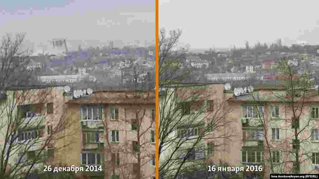 Фото зроблено з одного ракурсу 26 грудня 2014 (день вибуху) і 16 січня 2016 року. 16-поверховий будинок був знесений вибухом із другого разу. 