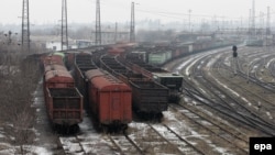 Empty coal wagons parked near the Metallurgical Works plant in Yenakiyeve in the Donetsk region at the end of February.