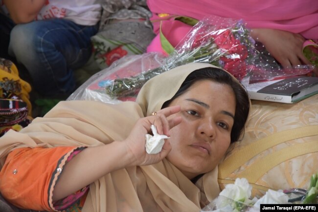 Jalila Haider sit in a hunger-strike camp to protest the targeted killings of the Hazara community in Quetta in May 2018.