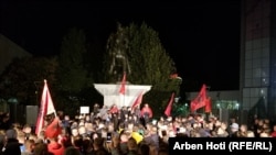 Supporters of the Vetevendosje (Self-Determination) party assemble in the Kosovar capital of Pristina after their party took a plurality of the parliamentary vote on October 6.