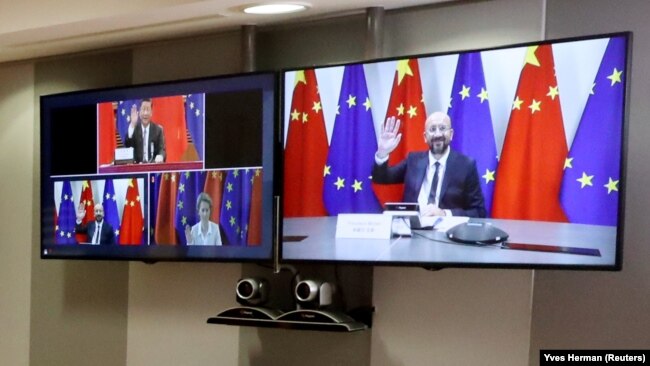 Chinese President Xi Jinping (top left), European Commission President Ursula von der Leyen (bottom right), and European Council President Charles Michel will be meeting for a virtual summit at the beginning of April. (file photo)