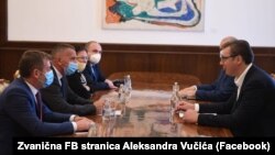 Sastanak predsednika Srbije Aleksandra Vučića i predstavnika izborne liste „Albanska demokratska alternativa-Ujedinjena dolina“ povodom konsultacija za formiranje nove Vlade (Beograd 14. jula)