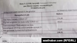 Бланк газовой службы "Ашхабадгаз" с расценками стоимости измерительного прибора, расходных материалов и установку