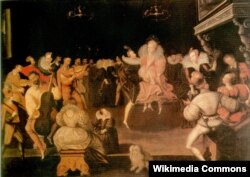 Маркус Гирертс Младший (?). Королева Елизавета танцует вольту с Робертом Дадли, графом Лестером. Около 1580
