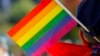 KOSOVO -- A participant holds a rainbow flag during Kosovo's first-ever LGBT pride parade held in Pristina, October 10, 2017