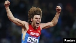 Russia's Ivan Ukhov reacts after winning the men's high jump final during the London 2012 Olympic Games.