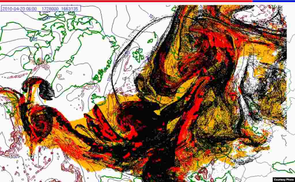 Проектирано движење на исландскиот облак од пепел(20.4. 0600 UTC) - These images show a projection of the movement of the ash clouds from the Iceland volcanic eruption moving over Europe. The colors on the map represent: yellow: ash that has fallen by itself red: ash that has fallen by precipitation black: the actual ash cloud Source: Norwegian Meteorological Institute