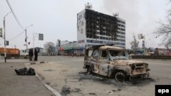 Вид на Дом печати в Грозном после нападения боевиков, 4 декабря 2014 года