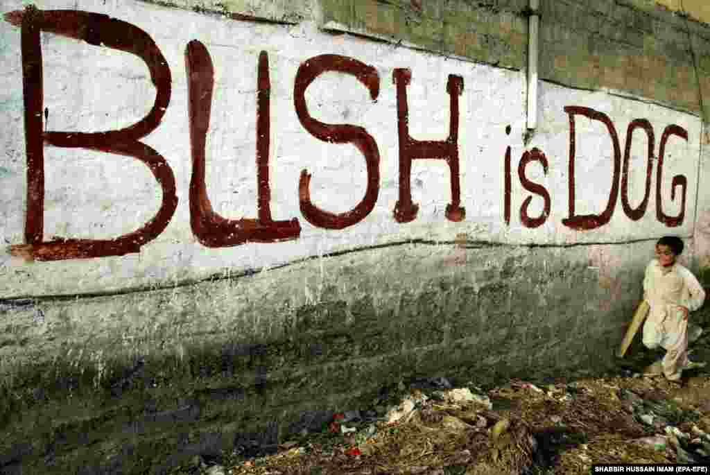 Graffiti near Islamabad, Pakistan in 2003, shortly after U.S. President George W. Bush launched the invasion of Iraq.