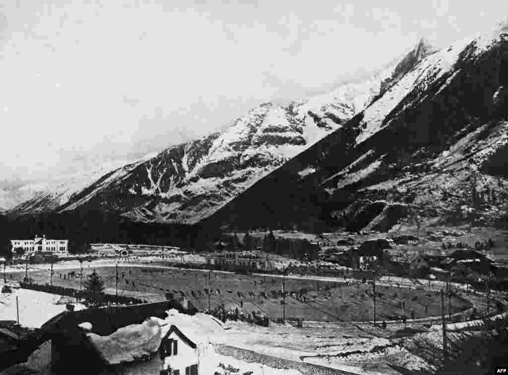 The Olympic skating rink framed by Chamonix's mountains