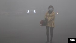 Харбин қаласында қою түтіннен маска тағып жүрген әйел. Қытай, 21 қазан 2013 жыл.