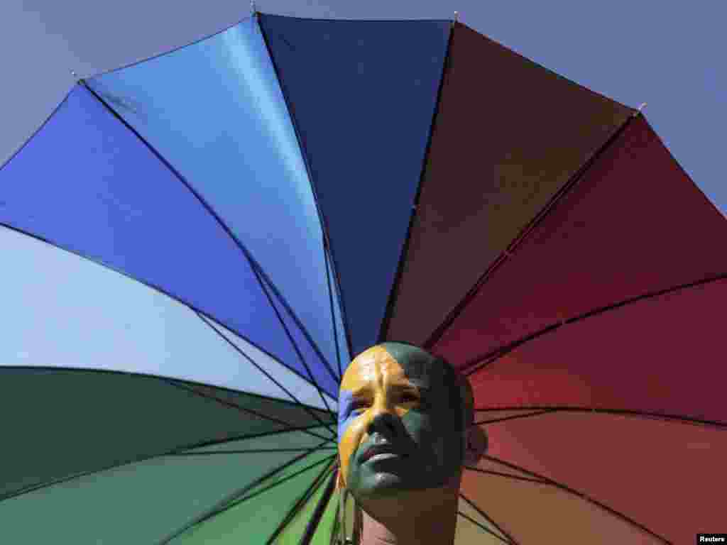 A man with the Brazilian flag painted on his face poses during a march against homophobia in Brasilia.Photo by Ricardo Moraes for Reuters