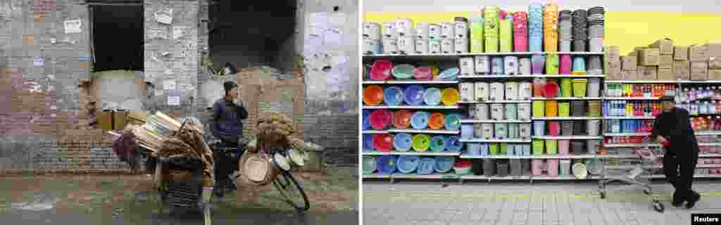 A vendor sells wooden baskets and brooms in a crumbling residential area of Beijing where new skyscrapers will be built. On the right, a supermarket sells plastic goods near a newly built residential complex in the Chinese capital.