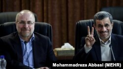 Iran's former president Mahmoud Ahmadinejad (R) and Tehran's former mayor Baqer Qalibaf January 19, 2019.