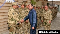 Afghanistan - Armenian Defense Minister Seyran Ohanian inspects Armenian soldiers in Kunduz, 27Nov2012.