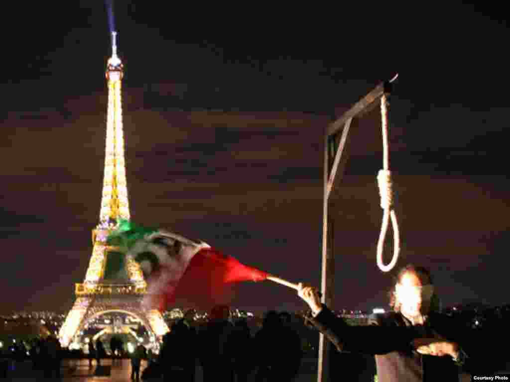 Political activists stage a demonstration in Paris against the use of the death penalty in Iran. - Photo by Maryam for RFE/RL