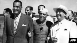 Yugoslav President Josip Broz Tito (right) with Egyptian President Gamal Abdel Nasser (left) and Indian Prime Minister Jawaharlal Nehru, shown here meeting in 1956, are considered to be among the founding fathers of NAM.