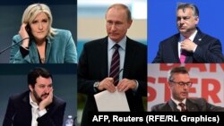 Tango noir? Vladimir Putin (center) and his European pals (clockwise from upper left): Marine Le Pen, Viktor Orban, Norbert Hofer, and Matteo Salvini.