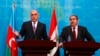 Azerbaijani Foreign Minister Elmar Mammadyarov (left) speaks during a joint news conference with Iraqi counterpart Hoshyar Zebari in Baghdad on February 10.