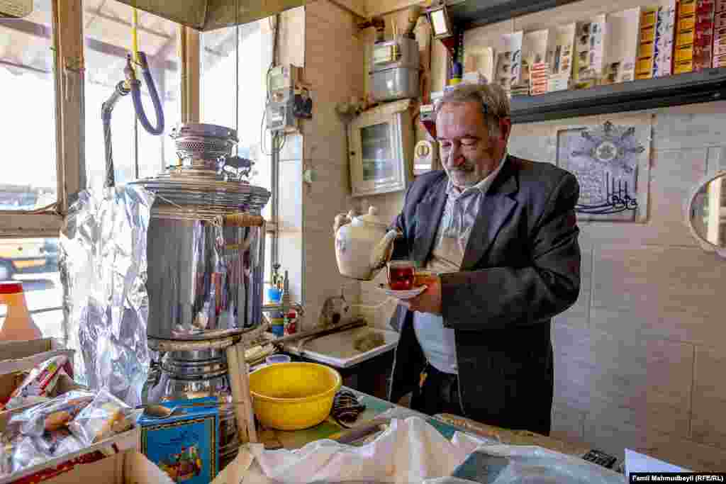 Tea is served by the glass, unlike in Azerbaijan where it is mostly by the pot. Every tea house in Iranian Astara appears to use the same kind of glasses, with one serving costing about 6,300 rial [18 U.S. cents].