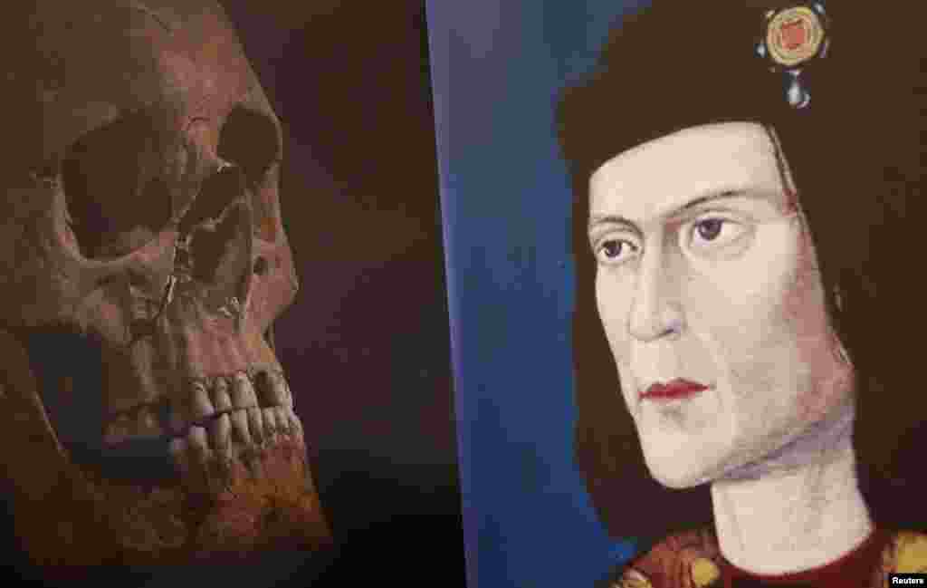 A television screen grab shows a portrait of the king beside his newly identified skull. Richard was widely depicted as one of history's villains, and was described by William Shakespeare as a hunchback and a murderer.