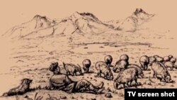 An illustration from the film "Uluu Pamir" documenting the life and history of a nomadic Kyrgyz tribe. 