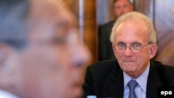 Russian Foreign Minister Sergei Lavrov (fore) met in late June with the chairman of the U.S. House of Representatives Foreign Affairs Committee, Congressman Howard Berman in Moscow.