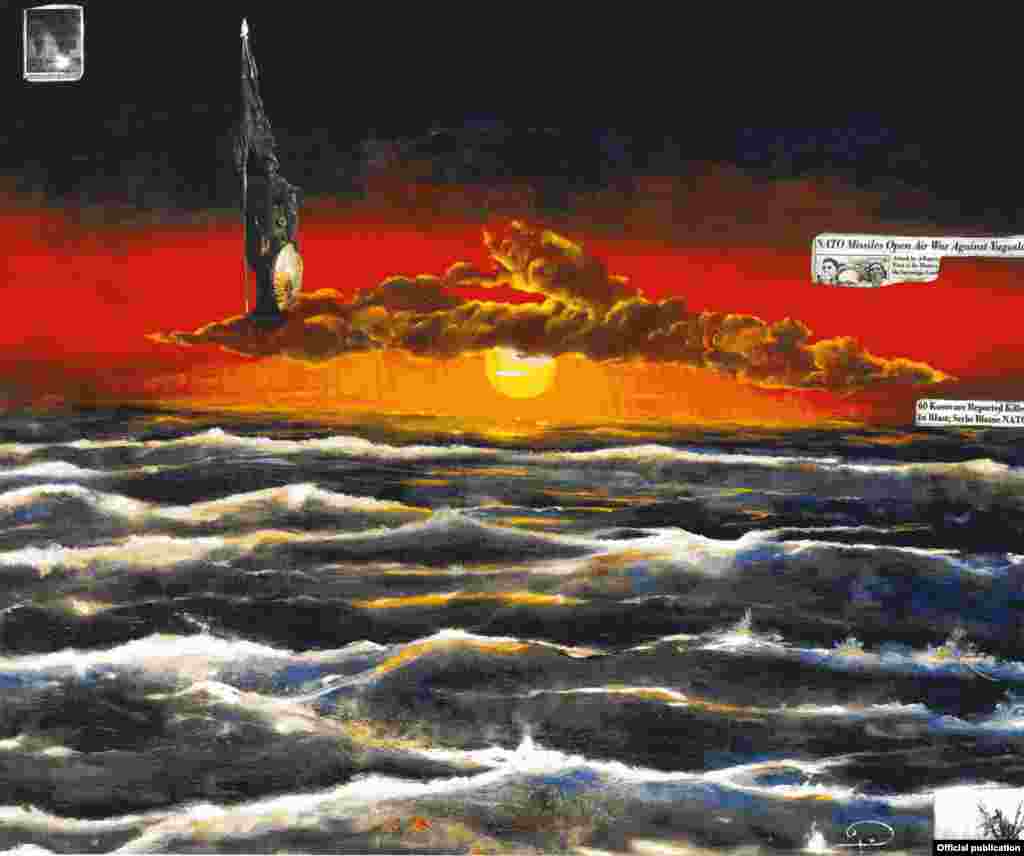 Война. Техника смешивания на холсте, 2001. Сначала на картине были изображены судно и море. Затем в Косово вспыхнула жестокая война, которая разрушила картину и ее тему. Море разбушевалось, с неба упал гнев, который набежал на поток крови в виде ст