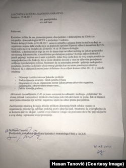 Pismo Liječničke komore Kantona Sarajevo