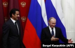 Эмир Катара Тамим бин Хамад Аль Тани и президент России Владимир Путин. Москва, март 2018 года