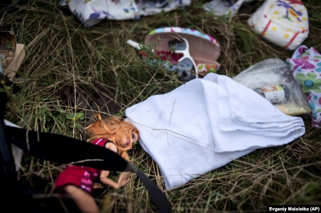 Дитяча іграшка на одному з місць падіння уламків «Боїнга», збитого російською установкою «Бук», в результаті чого загинуло 298 людей, в тому числі 80 дітей. Донеччина, неподалік села Грабове, 19 липня 2014 року