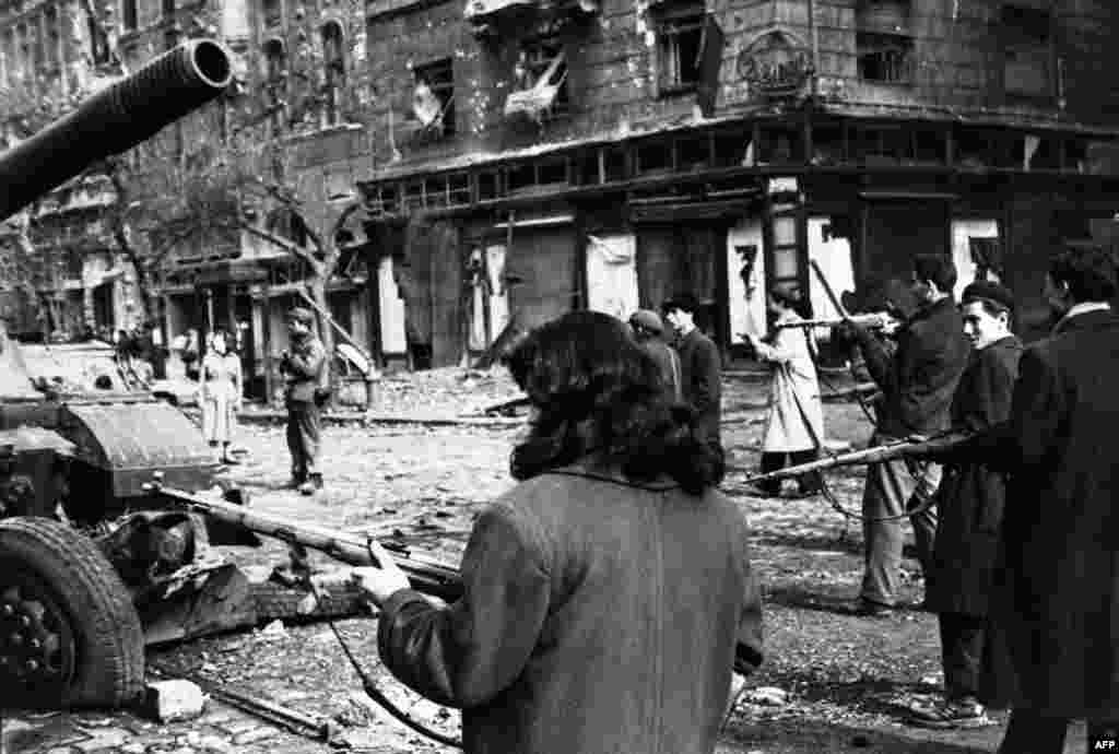 A scene from the Hungarian uprising of 1956, crushed by Soviet troops under Khrushchev's orders.
