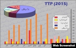 An infographic by the Tehrik-e-Taliban Pakistan extremist group, highlighting the havoc it wrought in 2015. (The 12 sections from right to left are for each month of the year and the colors refer to: Red -- attacks by improvised explosive devices (IEDS); Yellow -- ambushes; Pink -- raids; Blue -- suicide attacks; Orange -- targeted killings .)