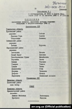Перелік населених пунктів, для яких необхідна евакуація населення, 22 серпня 1986 року