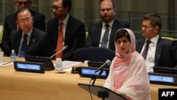 Pakistani student Malala Yousafzai (foreground) speaks before the United Nations Youth Assembly at UN headquarters in New York. 