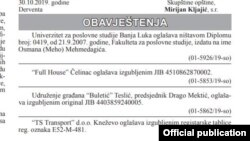 Proglašenje diplome navalidnom u Službenom listu BiH