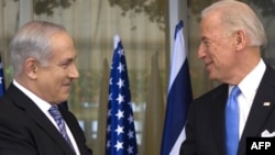 Israeli Prime Minister Benjamin Netanyahu (left) meets with U.S. Vice President Joe Biden in Jerusalem today.