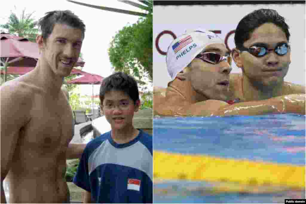 جوزف شولینگ، شناگر سنگاپوری،با شکست دادن فلپس، کشورش را صاحب نخستین مدال طلا کرد. عکس شولینگ و فلپس در سال&nbsp;۲۰۰۸
