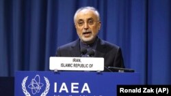 Iran's Head of the Atomic Energy Organization Ali Akbar Salehi delivers his speech at opening of the general conference of the IAEA, at the International Center in Vienna, September 16, 2019