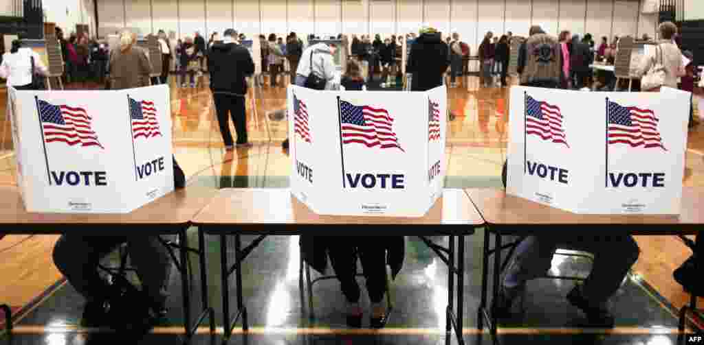 U.S. citizens vote in the presidential election at Carleton Middle School in Sterling Heights, Michigan. 