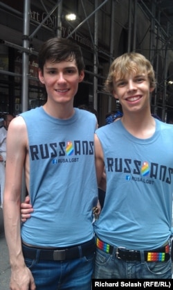 Two members of RUSA LGBT, a local New York City advocacy organization for Russian-speaking gays, at New York's gay-pride parade on June 30.