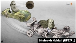 A Radio Farda cartoon by Shahrokh Heidari. Rial overtaken by the US dollar.