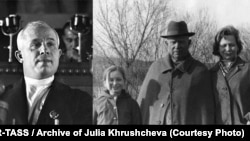 Nikita Khrushchev as Soviet leader (left) and in retirement with great-granddaughter Nina and granddaughter Julia.