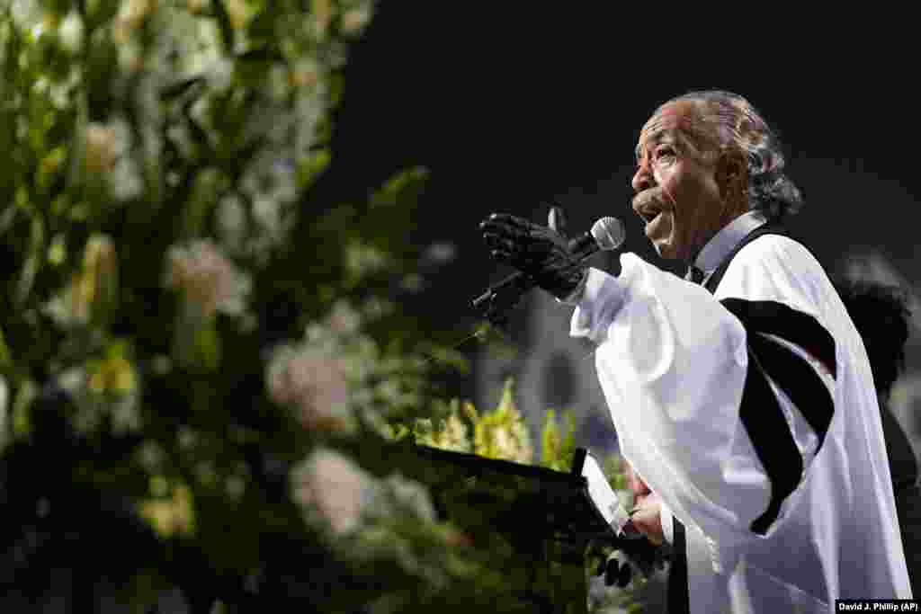 The Rev. Al Sharpton speaks during a funeral service for George Floyd at The Fountain of Praise church Tuesday, June 9, 2020, in Houston.