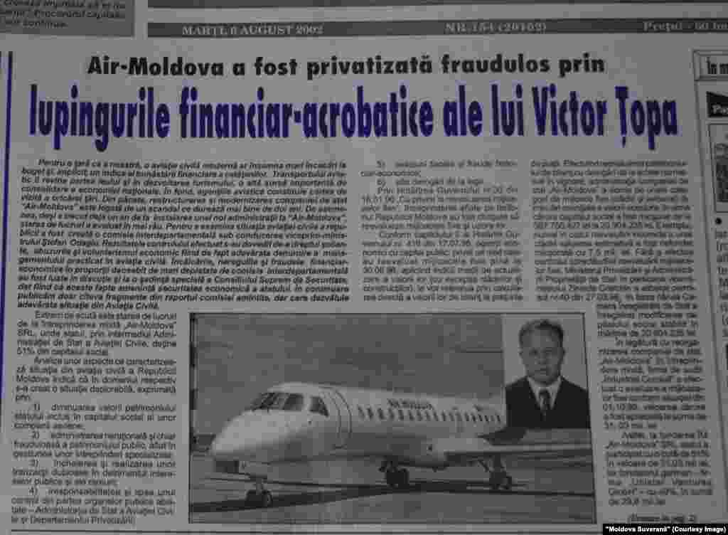 &quot;Moldova Suverană&quot;, 6 august 2002, legăturile ex-ministrului Transporturilor Victor Ţopa cu Air Moldova