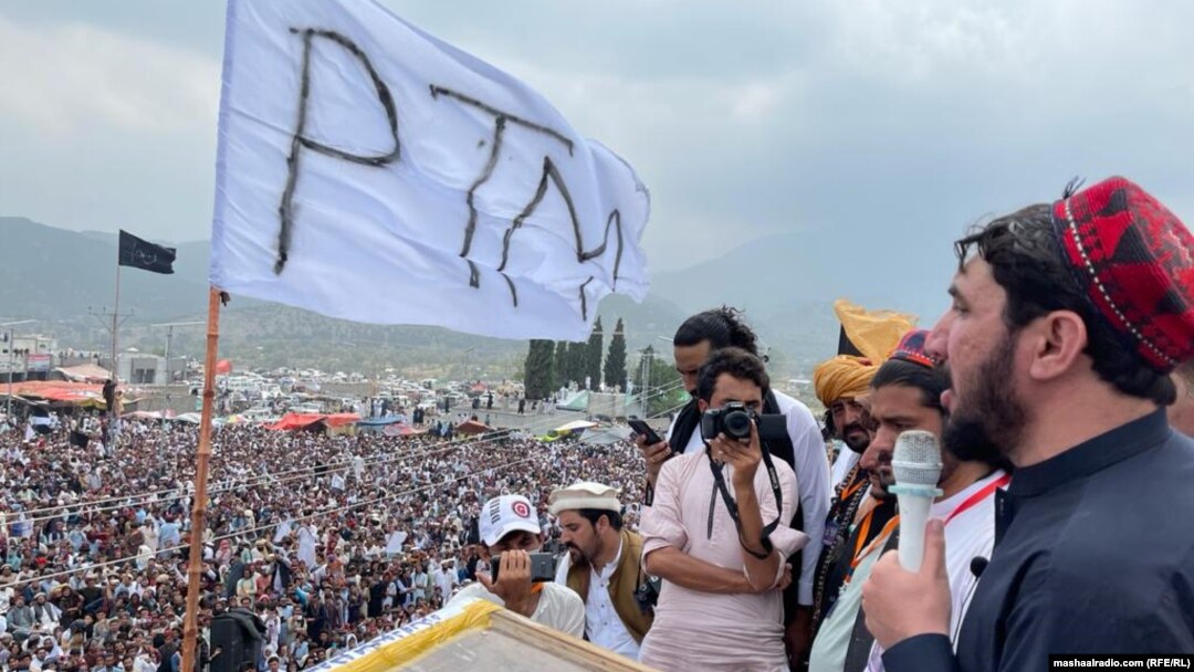 PTM leader Manzoor Pashteen addresses a public gathering in South Waziristan (file photo)