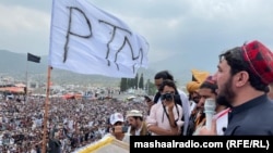 PTM leader Manzoor Pashteen addresses a public gathering in South Waziristan (file photo)