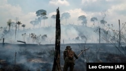 Militar brazilian încercând să stingă un foc în regiunea Nova Fronteira, în Novo Progresso, Brazilia. 3, septembrie 2019. 